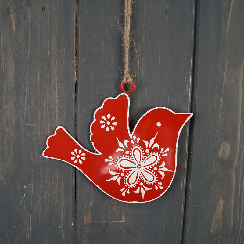 Red Metal Hanging Bird with Floral detail (10cm) detail page